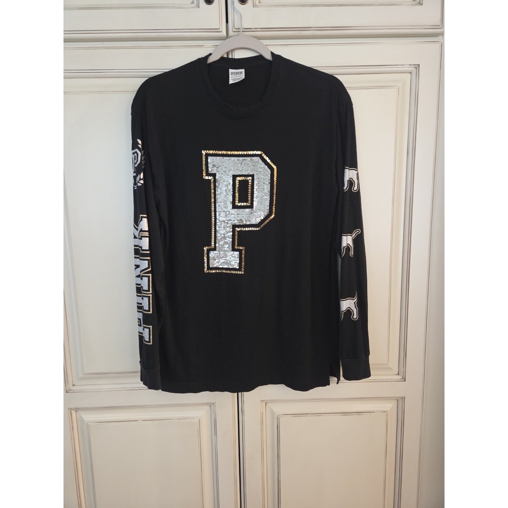 Victoria's Secret Pink Sequins Logo Campus T Shirt Women's Xs Dog Long Sleeve